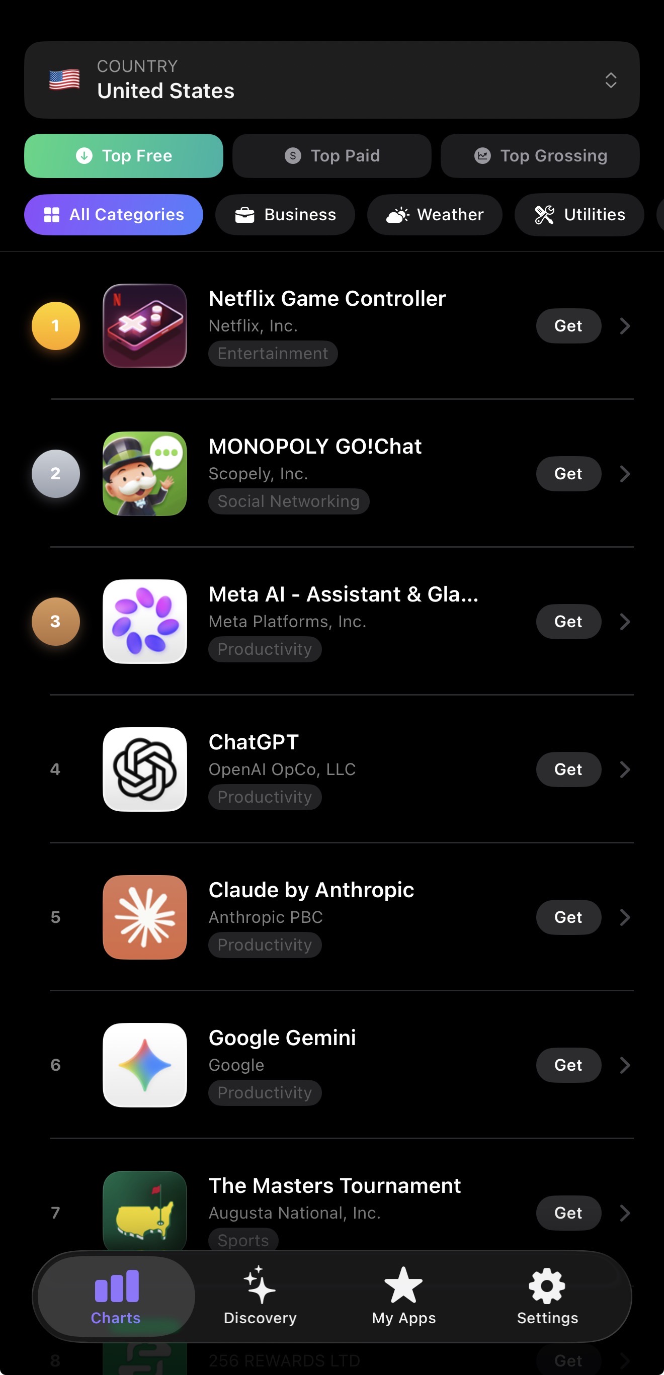 AppsRank app showing Top Free charts in United States
